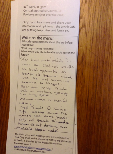 One of the Jorvik Cafe History menus with the comments of one of their regulars 